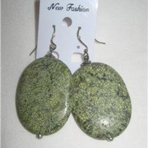 3 1/2" Silver Oval Green Stone Pierced Earrings